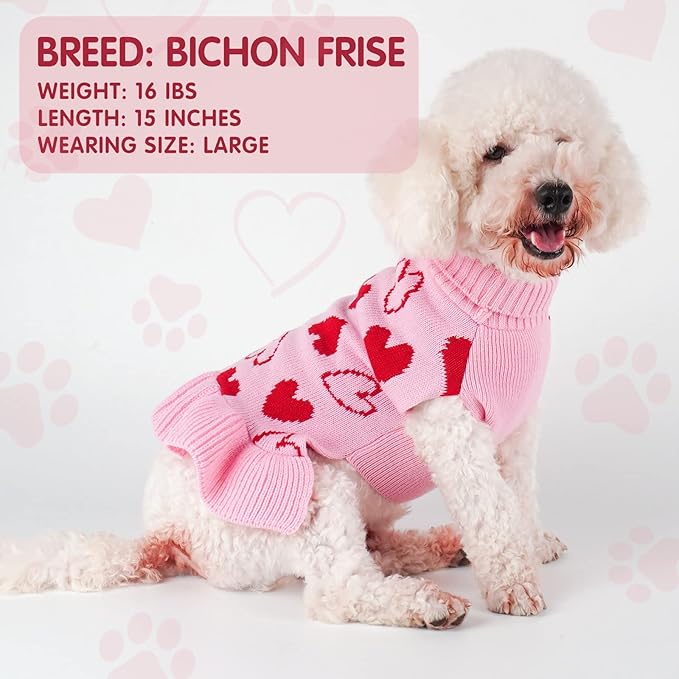 cyeollo Small Dog Sweater Dress Valentines Day Dog Clothes Pullover Turtleneck with Leash Hole Heart Pattern Holiday Theme Female Pet Apparel