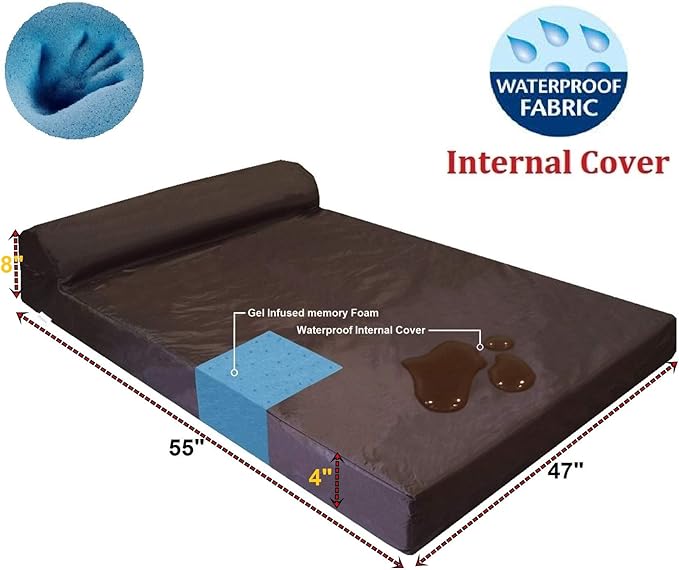 Dogbed4less Premium HeadRest Orthopedic Cool Memory Foam Dog Bed for Extra Large Dogs, Waterproof Lining and Grey Suede Cover, Jumbo 55X47 Inch