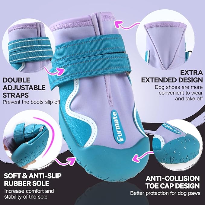 Dog Shoes for Large Small Medium Dogs,Dog Booties for Indoor Hardfloors Anti-Slip,Reflective Strip Waterproof Dog Boots & Paw Protectors for Outdoor Walking Hot Pavement,Winter Snow (Purple-7)