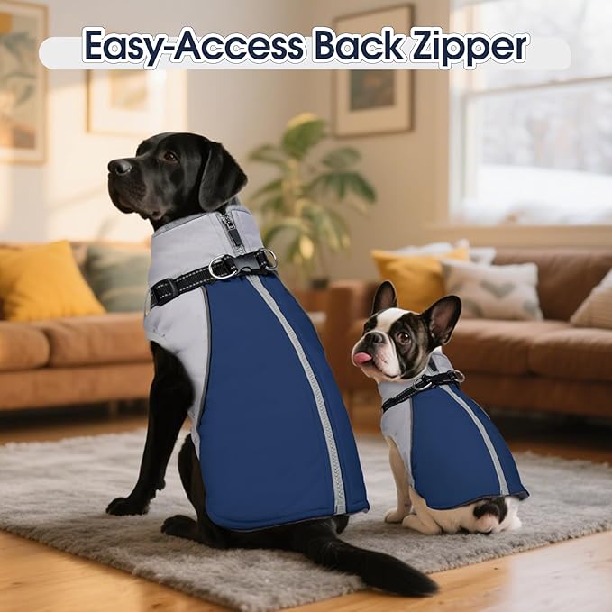 DENTRUN Dog Coat with Harness Built in, Easy On/Off Zipper Closure Winter Dog Vest, Water-Repellent Fleece Lined Warm Jacket with Reflective for Extra Large Dogs, Dark Blue, XXXL