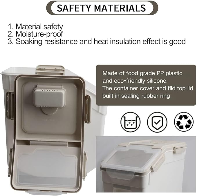 2 Pack Rice Storage Container 25 lbs, Airtight Flour Storage Containers with Lid and Wheels, Measuring Cup & Scoop, BPA Free, Bulk Food Dispenser for Sugar, Grain, Cereal - Pet Food Bin (Grey)