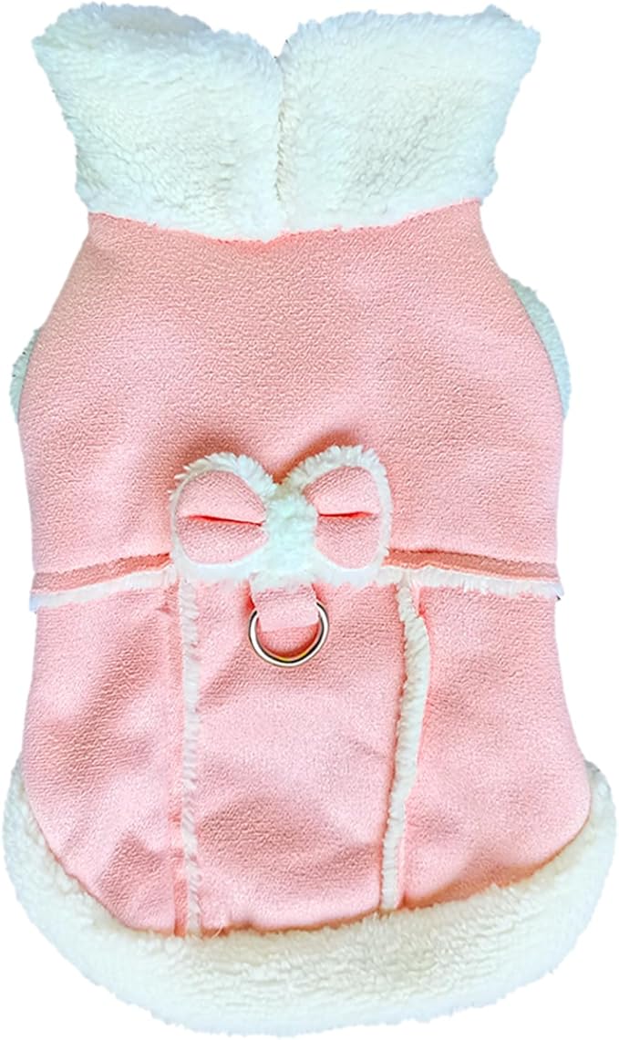 Jecikelon Bowtie Dog Cold Weather Coat Fleece Lining Warm Pet Puppy Turtleneck Dogs Winter Coats for Small Dogs Jacket with D-Ring Leash (Medium, Pink)