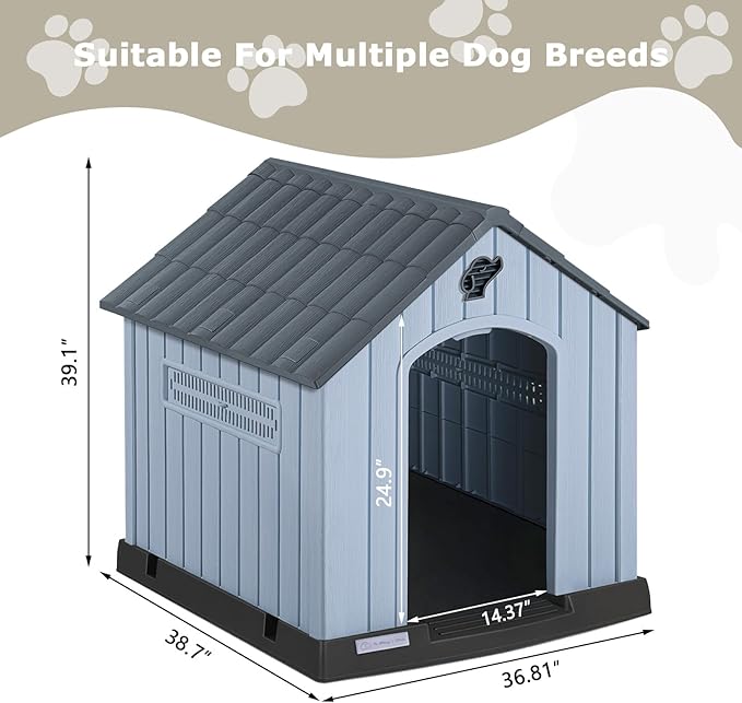 PUKAMI Large Dog House Outdoor Indoor, Plastic Dog House Weatherproof for Large Dogs, Study Puppy Shelter with Air Vents and Elevated Floor, Easy Clean and Assemble (Grey, 36.81"D x 38.7"W x 39.1"H)