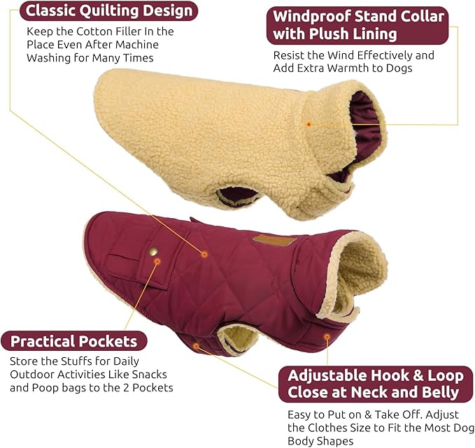 Queenmore Dog Winter Coat Warm Puffer Jacket Waterproof Plush Lining Thermal Cold Weather Vest for Small Medium Large Dogs, Windproof Easy On Pet Jacket Burgundy M