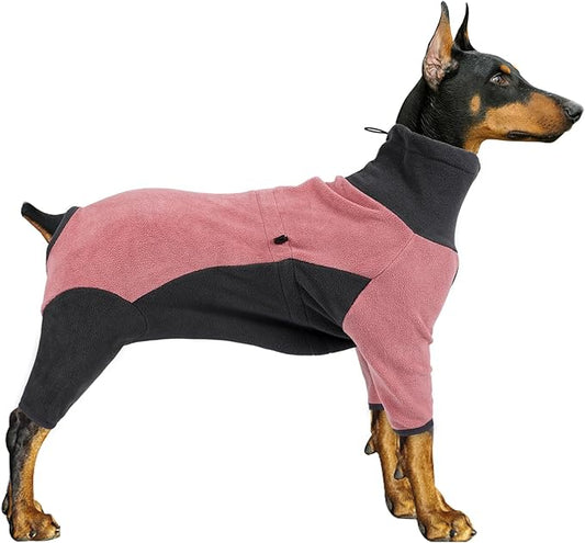 Winter Dog Coat, Warm Fleece Jacket, Windproof Pullover Bodysuit, Fullbody Dog Pajamas Onesie - Cold Weather Clothes (Large, Pink)