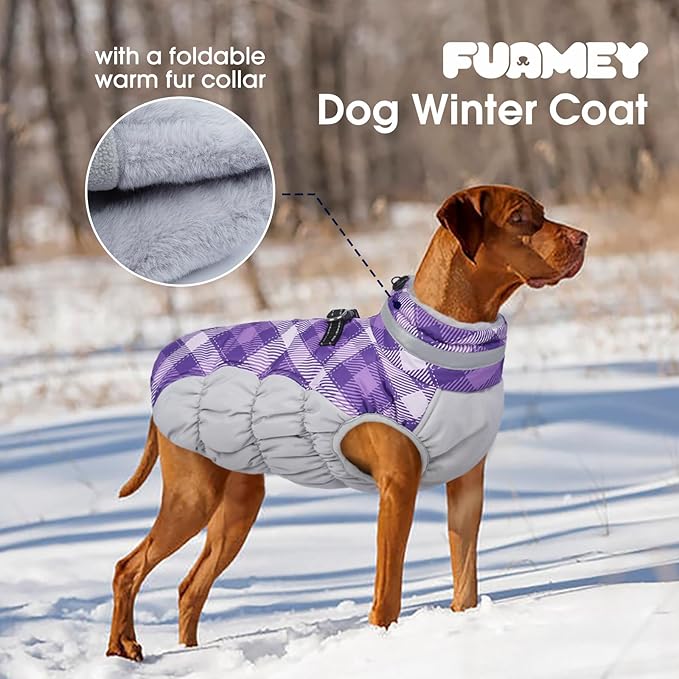 FUAMEY Dog Coat for Large Dogs,Waterproof Dog Winter Jacket with Harness Built in Puppy Cold Weather Coats Reflective Pet Vest with Zipper Warm Fleece Dogs Snowsuit Windproof Purple Plaid L
