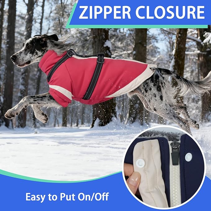 MIGOHI Dog Coat with Harness Built in, 2-in-1 Windproof Dog Winter Jacket, Thermal Reflective Snowsuit with Turtleneck, Back Zipper Fleece Coat for Small Dogs, Yorkshire Terrier, Pink, S