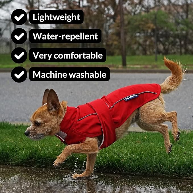 DJANGO Dog Jacket & Raincoat – Lightweight Water-Resistant Coat for Small, Medium & Long Dogs Like Dachshunds – Reflective, Adjustable Fit, Harness-Compatible & Easy-Access Harness Hole - Red, Medium
