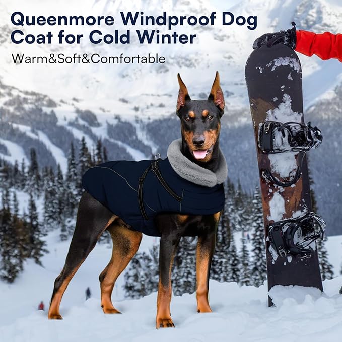 Queenmore Dog Jackets for Large Dogs,Dog Coat with Harness Built in,Waterproof Dogs Coats with Zipper On Back,Warm Fleece Lining Cold Weather Pet Coats with Furry Collar for Labrador,NavyBlue,XL