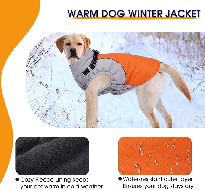 Dog Coat,Water-Repellent Dog Winter Jacket with Adjustable Buckle,Reflective Turtleneck Pet Snow Vest Dogs,Warm FleeceDog Winter Coat Cold Weather Jacket with Harness Built-in,Orange,M