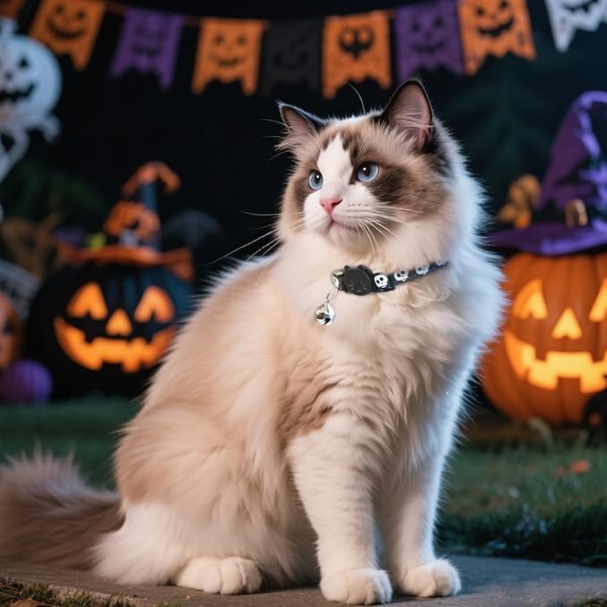 Halloween Cat Collar with Bell, Adjustable Comfortable Kitten Halloween Collar Breakaway, Skeleton Patterns Safety Holiday Cat Collars for Boys Girls,Kitten,Puppy Black (7.5"-12.5")