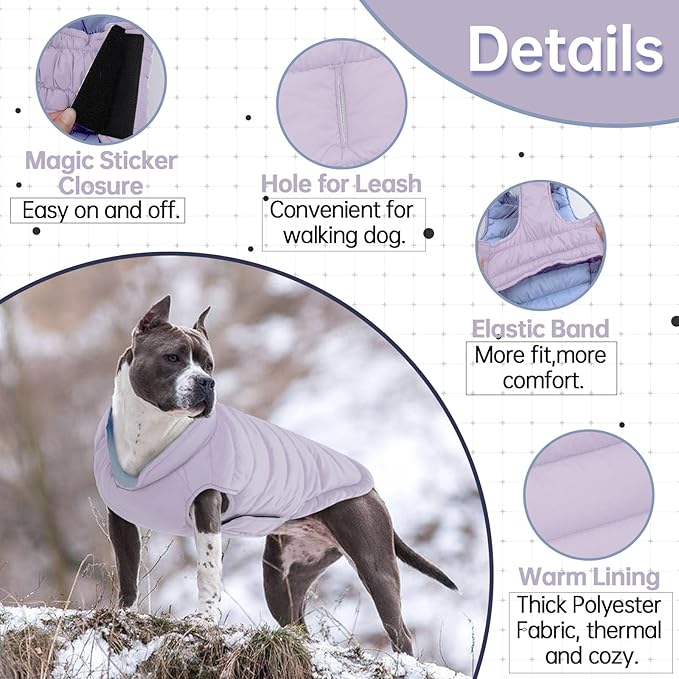 Lelepet Reversible Dog Coat Waterproof Dog Jacket Windproof Puffer Vest for Winter Warm Lightweight Coats for Small Dogs Adjustbale Hook & Loop Pet Apparel with Leash Hole, Shih Tzu, Purple, S