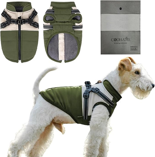 Dog Winter Coat for Small & Medium Dogs (Up to 31lb), Waterproof Dog Coat with Harness, Puppies Windproof Puppy Puffer Jacket, Snowsuit for Dachshund,Frenchie, Corgi (Classic Green, Small)