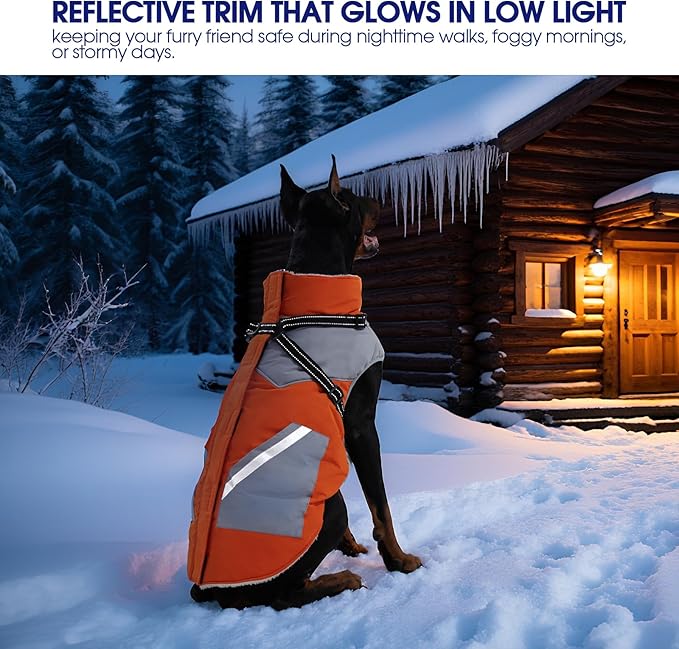 FUAMEY Dog Winter Jackets for Large Dogs,Dog Coat with Harness Built in,Waterproof Dogs Snowsuits Warm Pet Jacket Zip Up Fleece Cold Weather Coats Reflective Puppy Vest with Pocket Orange 3XL