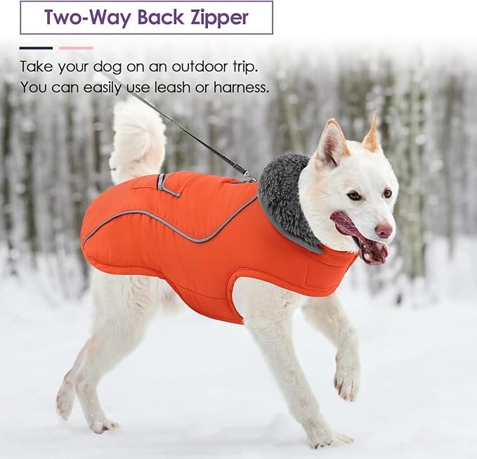 SUNFURA Small Dog Coat, Warm Dog Jacket with Zippered Leash Hole, Reflective Pet Winter Coat Fleece Jacket with Adjustable Furry Collar for Small Dogs Schnauzer, Yorkshire Terrier, Orange S