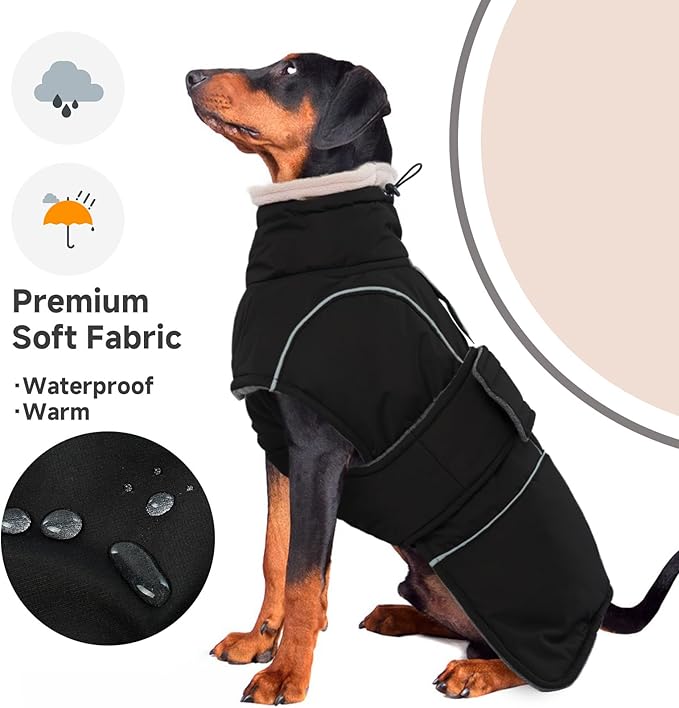 Dog Winter Coat for Small to Large Dogs(XS-XXXL)– Waterproof Windproof Fleece Lined Jacket with Reflective Trim,Pet Vest with Adjustable Buckles, Machine Washable Black L