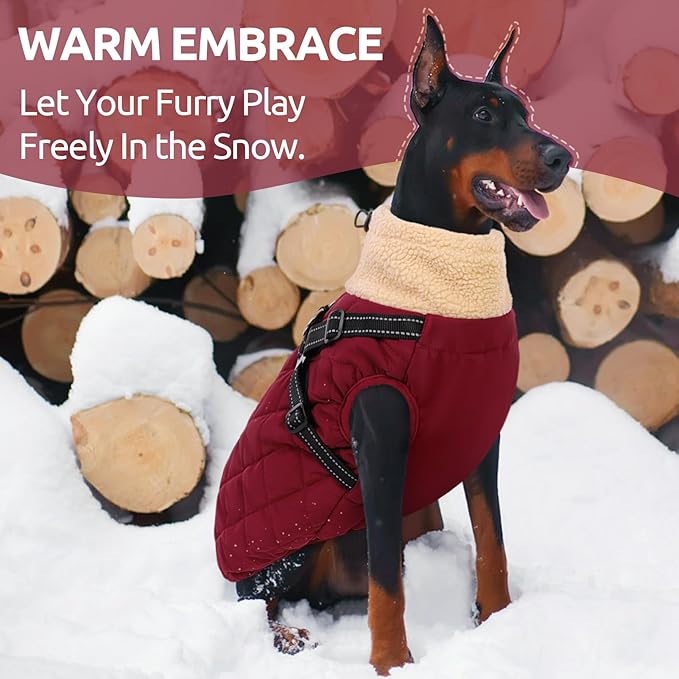 Queenmore Dog Coat, Dog Coats for Small Dogs, Doggy Winter Jacket with Zipper On Back, Waterproof Pet Jacket with Harness Built in, Pet Puffer Coat for Bichon, Schnauzer, Yorkie, Burgundy S