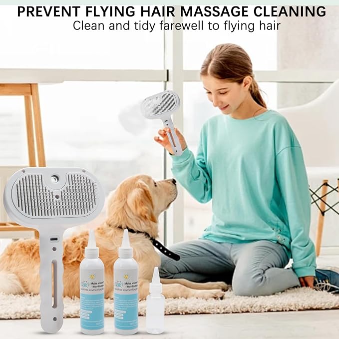 Cat Steam Brush for Shedding– 4-in-1 De-Shedding, Steam Spray, and Self-Cleaning Grooming Tool – Ideal for Long and Short-Haired Pets– Includes 2 Bottles of 120 mL Waterless Shampoo(White)