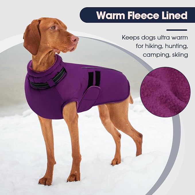IECOii Waterproof Dog Coat for Medium Dogs, Reflective Dog Jacket with Collar Built in, Thick Fleece Dogs Coat for Winter Easy On Hook & Loop Pet Snowsuit for Hunting, Hiking, Camping, Purple - L