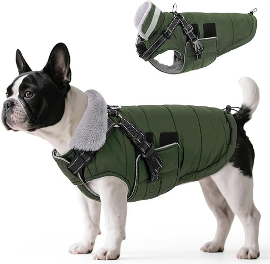 Queenmore Small Winter Dog Coat with Harness Built-in, Waterproof Winter Jackets for Small Dogs, Puppy Warm Puffer Jacket for Snow/Cold Weather - Fleece Reflective Easy On Velcro Closure, Green S