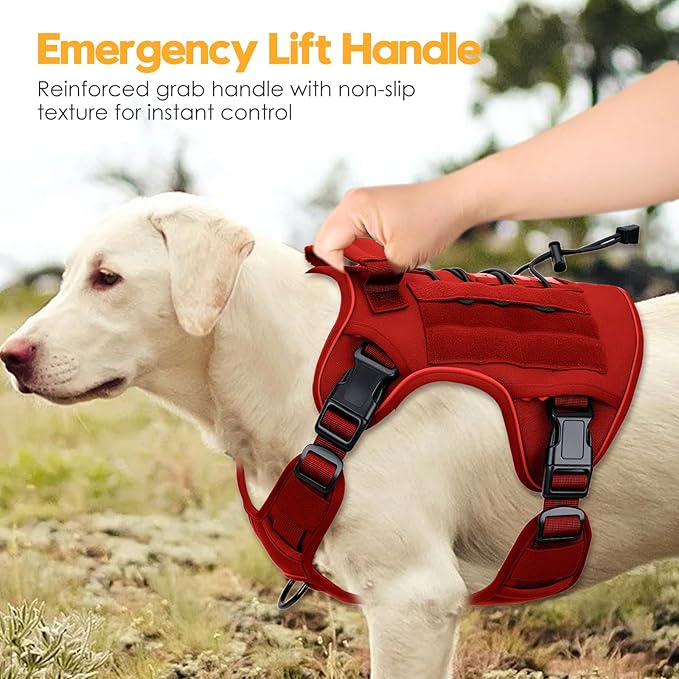 Heavy-Duty Tactical Dog Harness for Large Dogs, No Pull Adjustable Reflective Pet Vest with Molle System, K9 Military-Grade Control for Service Training, Outdoor & 10+ Breeds, Red, XX-Large