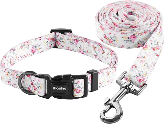 Ihoming Dog Collar and Leash Set for Daily Outdoor Walking Running Training, Floral Sky Design for Small Boys Girls Dogs Cats Pets, S-Up to 20LBS