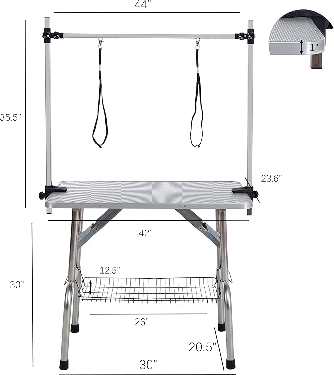 42" Dog Grooming Table Foldable Pet Grooming Tables with Adjustable Arm Noose Storage Mesh Tray Maximum Capacity Up to 330lbs Silver Gray