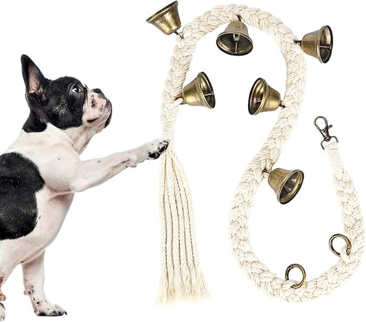 Dog Bell for Door Potty Training, Cotton Handwoven Dog Doorbell with 6 Extra Loud Bells for Dog Training, Adjustable Hanging Door Bell for Small Medium Large Dogs to Ring to Go Outside, Beige