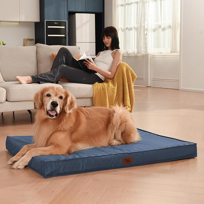 Outdoor Dog Bed for Small Dogs & Cats, Waterproof Dog Crate Mat Orthopedic Egg Crate Foam with Washable Removable Oxford Cover, Navy