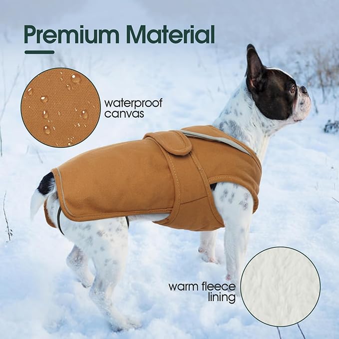 Kuoser Canvas Dog Coat, Warm Dog Jacket Reflective Fleece Pet Cold Weather Coat, Warm Doggie Clothes Waterproof Winter Vest with Zipper Leash Hole for Small Medium Large Dogs, Brown M