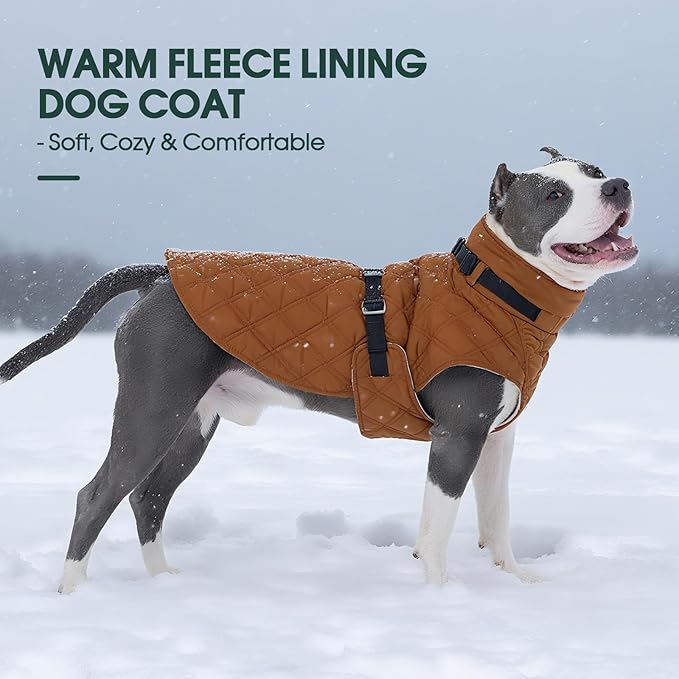 Kuoser Dog Coat Warm Fleece Lining Turtleneck Dog Jacket with Harness Built-in, Adjustable Windproof Cold Weather Coats with Quick Release Buckle Pet Winter Snowsuit for Medium Large Dogs, Khaki L