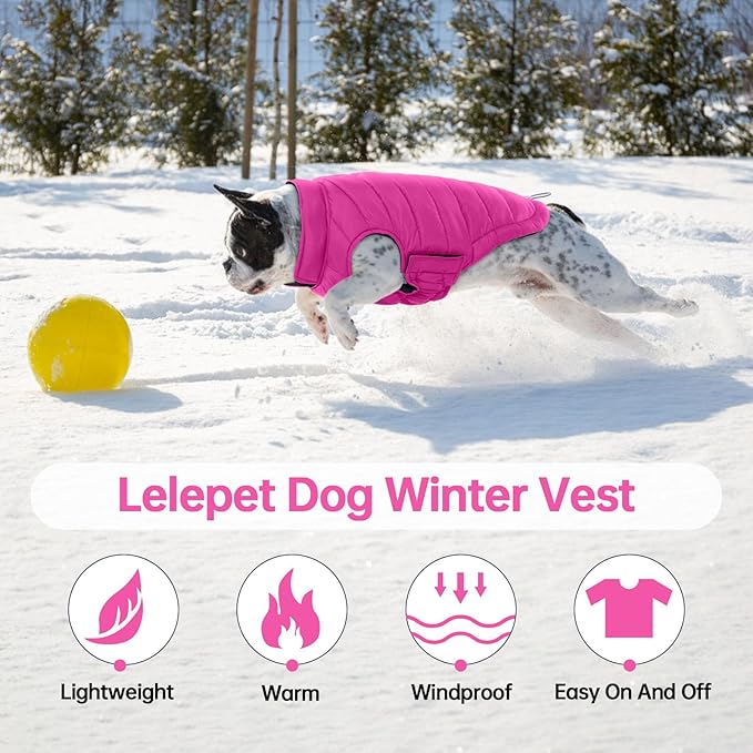 Lelepet Reversible Dog Coat Waterproof Dog Jacket Windproof Puffer Vest for Winter Warm Lightweight Coats for Small Dogs Adjustbale Hook & Loop Pet Apparel with Leash Hole, Chihuahua, Rose Red, XS