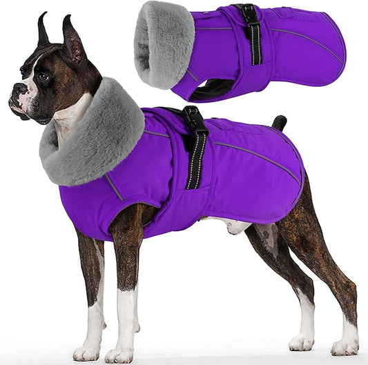 Dogcheer Dog Coat with Pocket, Waterproof Dog Jacket with Adjustable Buckle, Reflective Puppy Winter Coat Warm Turtleneck Fleece SnowJacket for Small Medium Large Dogs - Purple L
