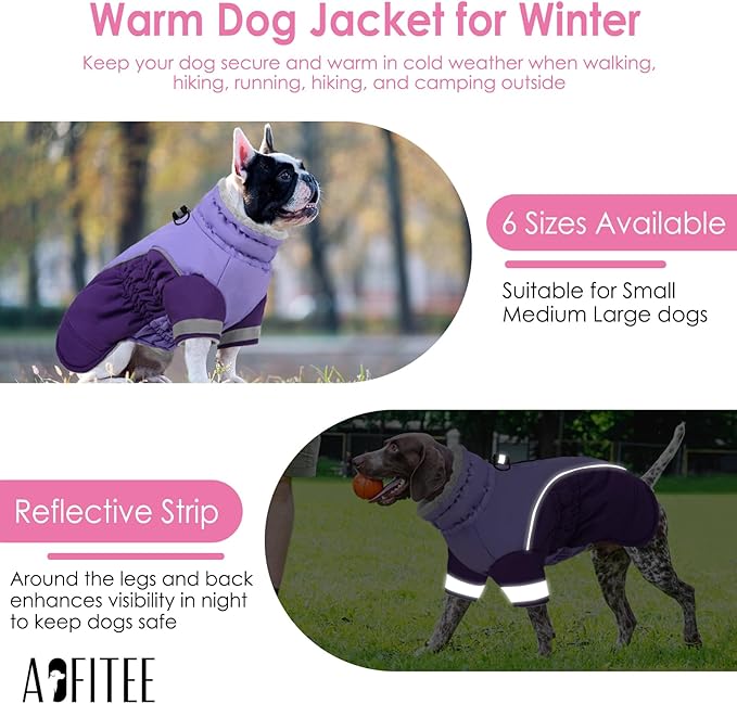 AOFITEE Dog Coat - Two Legged Medium Dog Winter Jacket - Zip Up Dogs Cold Weather Coat with Harness, Warm Pet Puffer Jackets Reflective Pet Snow Coats for Pug, Jack Russell, Boston Terrier, Purple M