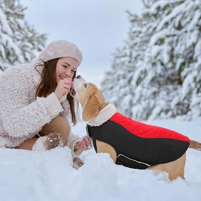 Warm Dog Coat,Waterproof Jacket in Winter Adjustable and Reversible Doggy Fleece Outfit,Thick Clothes with Foldable Collar for Puppy in Cold Days,XS Red