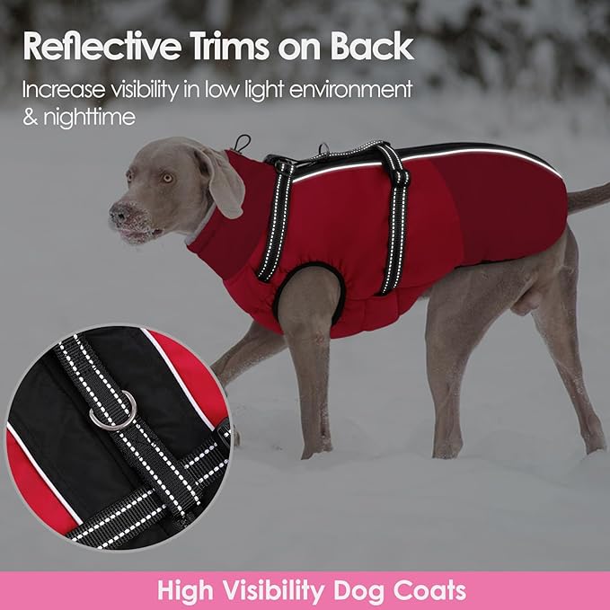 AOFITEE Dog Coat for Large Dogs, XXXL Dog Winter Jacket with Harness Built in, Turtleneck Cold Weather Coat for Extra Large Dogs, Reflective Pet Fleece Jacket with Zipper for Great Dane, Red 3XL