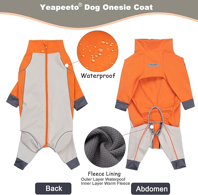 Dog Full Body Winter Coat, Waterproof Fleece Jacket for Small Medium Large Dogs Reflective Snowsuit with Zipper for Outdoor Skating (Orange, 5XL(Weight 65-88 lbs))