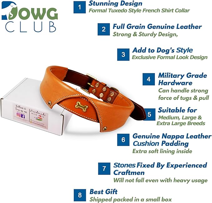 | Formal Tuxedo Shirt Collar Style Genuine Leather Collar for Dogs & Cats | Comfortable, Strong, Cushion Napa Padding (Shirt Collar - Tan, XL (Fit Neck Size 22"-26"))
