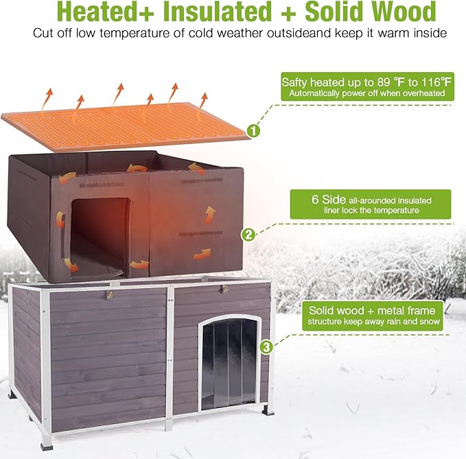GUTINNEEN Heated Dog House Outdoor 59.1" Exra Large Dog Kennel with Metal Frame Insulated Dog Crate Cage for Large Dogs Outside with Heater and Insulated Liner, Grey