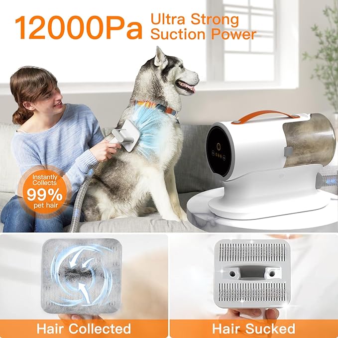 Dog Vacuum for Shedding Grooming, 12000pa Suction Dog Hair Vacuum, Pet Grooming Kit with 2l Dust Cup, Low Noise, 3 Levels, 5 Grooming Tools