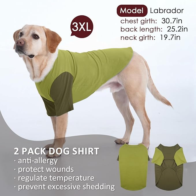 2 Pack Large Dog T-Shirts 3XL - Breathable Durable Cotton Shirt, Shedding Control Protect Skin Dogs Clothes for Husky, Labrador, Summer Hot Day Sleep, Walk, Sea, Park Play, Camping, Green