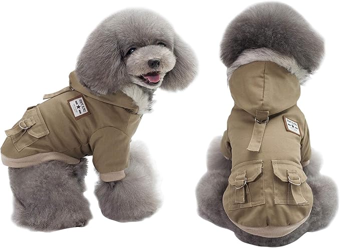Warm Dog Hooded Trench Coat Windproof Parka Jacket for Cold Weather (M, Khaki)