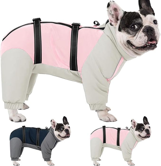 KOESON Four Legged Winter Coat, Warm Dog Jacket with Adjustable Buckles, Turtleneck Windproof Fleece Jackets, Reflective Fullbody Snowsuit Puffer Coat Pink Grey XL