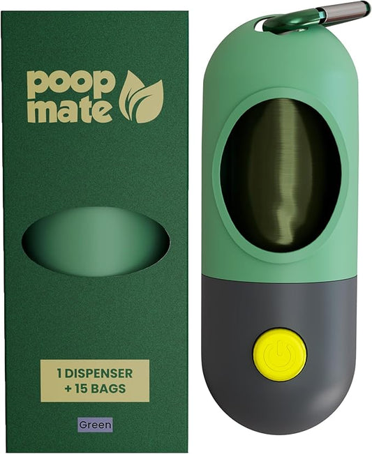 Dog Poop Bag Holder with Flashlight - Waste Bag Dispenser for Night Walks - Durable, Portable with Leash Clip & Carabiner - Includes 15 Dog Poop Bags - Green
