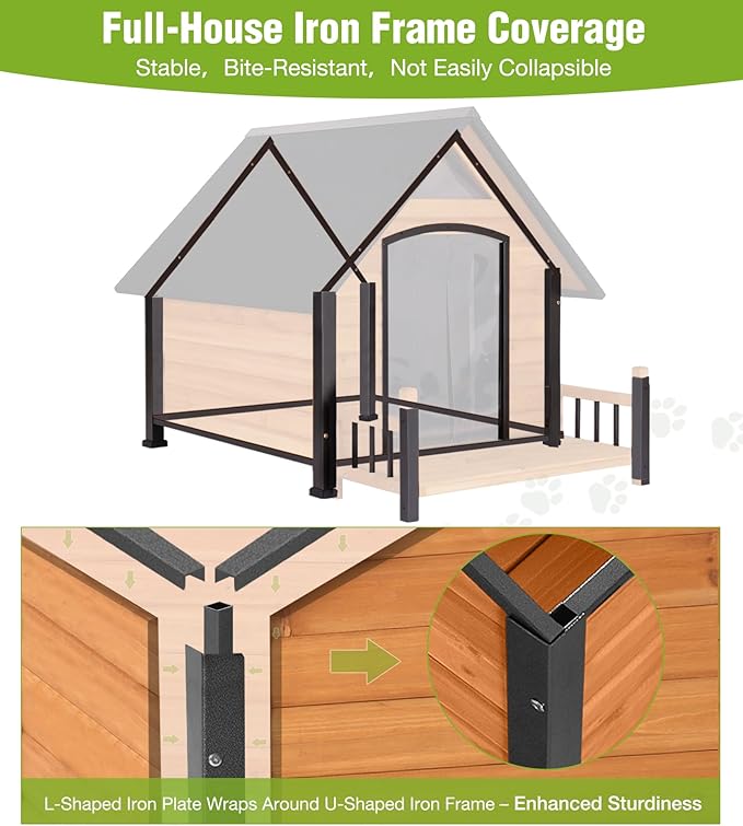 Large Outdoor Heated Dog House with Porch, All-Around Insulated Liner, Weatherproof Outside Dog House with Anti-Bite Metal Frame, Dog Kennel for Small Medium Large Dogs