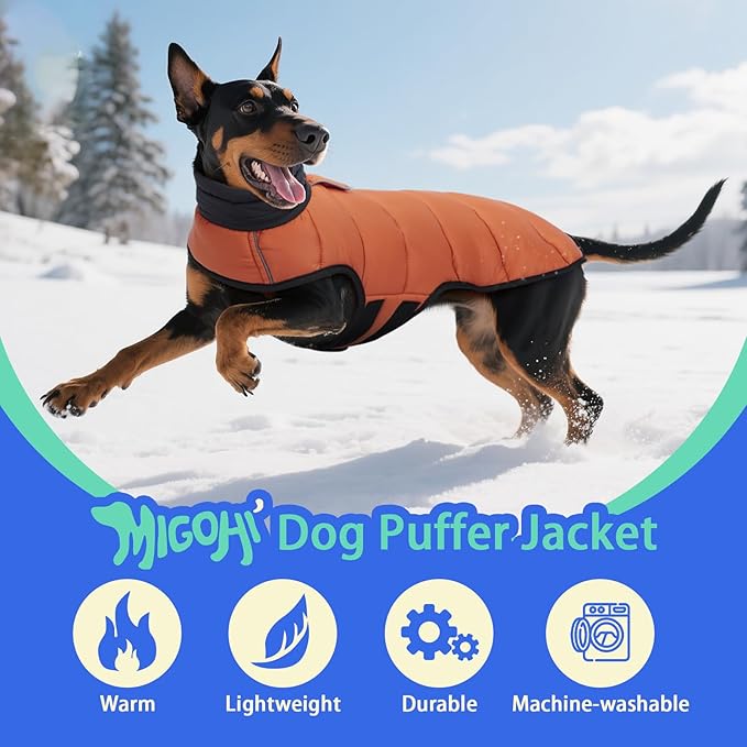 MIGOHI Lightweight Dog Coat, Windproof Dog Jacket, Puffer Jacket for Large Dogs, Padded Vest with Reflective Strips, Warm Snow Vest in Cold Weather, Easy On Hook & Loop Belly, Caramel, 2XL