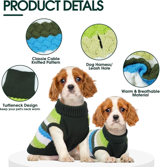 Kuoser Dog Sweater, Pet Cable Knitted Pullover Puppy Warm Clothes, Doggy Turtleneck Classic Knitwear Soft Thickening Doggie Outfit, Cold Weather Thermal Wear for Large Size Dogs, Green 2XL