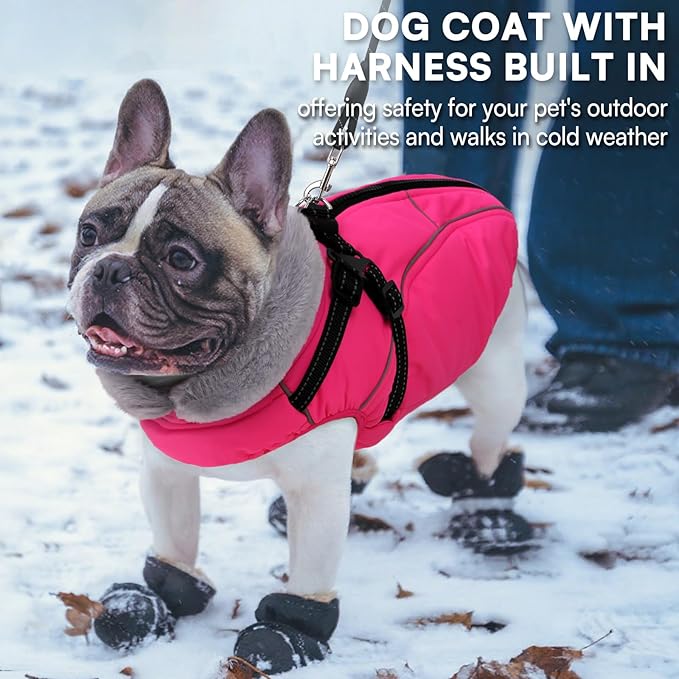Queenmore Large Dog Coat,Dog Jacket for Extra Large Dogs with Harness Built in,Reflective Waterproof Dogs Jackets with Fleece Lining,Warm Snowsuit Pet Coats for Doberman,Labrador,Rosered,XXL