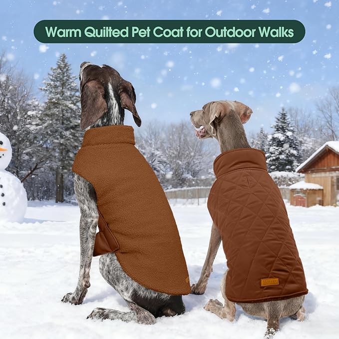 Kuoser Reversible Dog Coat – Warm Fleece & Quilted Waterproof Dog Jacket, Double-Sided Cold Weather Dogs Winter Coat with Harness Hole, Windproof Pet Snow Vest for Small Medium Large Dogs, Brown S