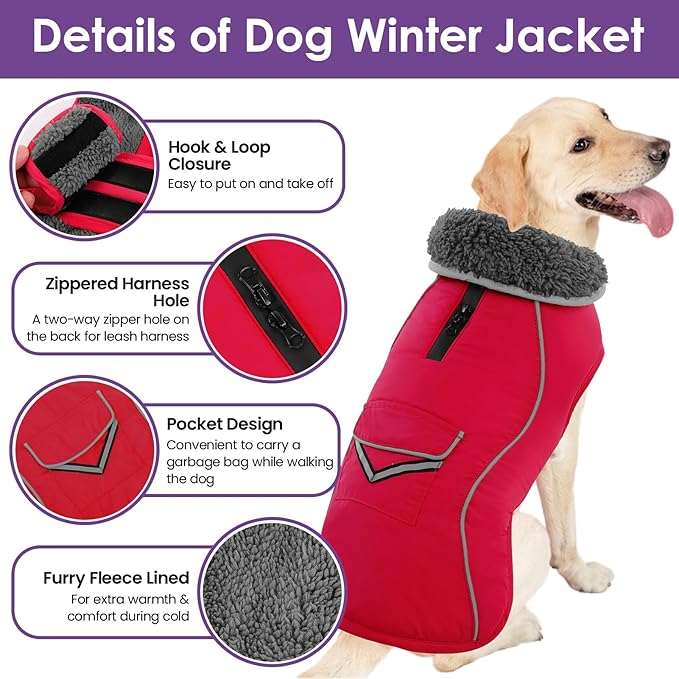 SUNFURA Dog Coat, Warm Dog Coat XXL Puffer Jacket with Harness Hole, Reflective Pet Snow Jacket Turtleneck Fleece Vest for Weimaraner, Labrador, Golden Retriever, Red 2XL